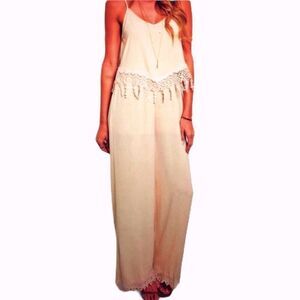 Spaghetti Strap Bandana Top Wide Leg Crochet Trim Summer Romper One Piece Outfit